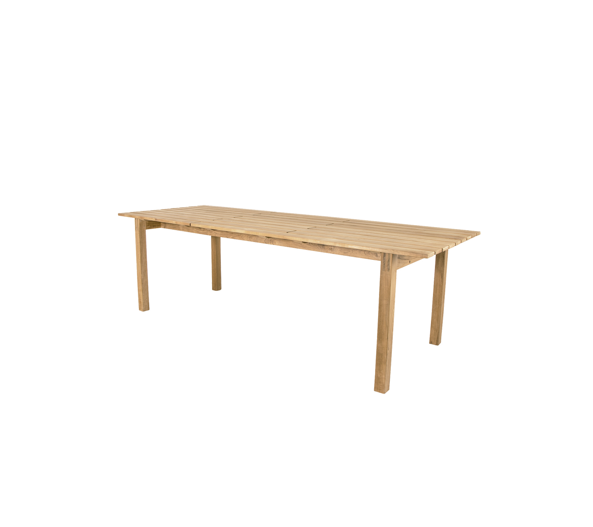 Wooden table with a natural finish, featuring four sturdy legs and a spacious rectangular surface, suitable for dining or workspace.