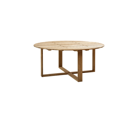 Round wooden table with a natural finish and a sturdy, cross-shaped base, designed for versatile use.