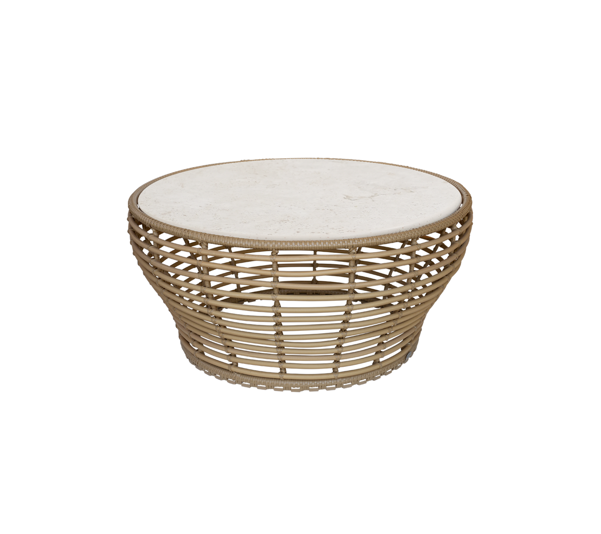 Natural coffee table with a round top and open woven design.