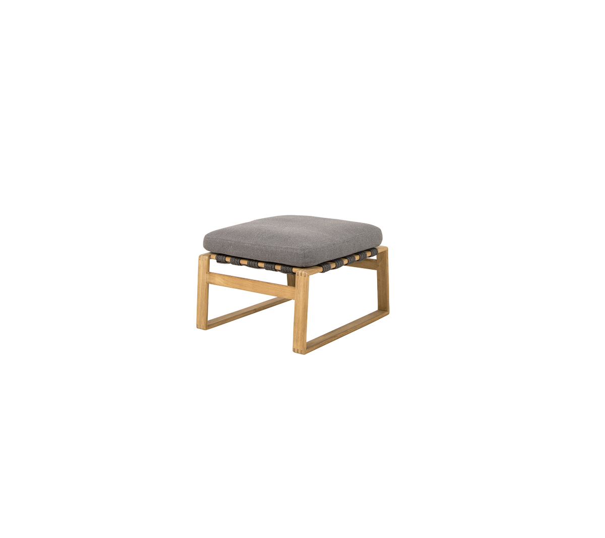 Square ottoman with a gray cushion atop a wooden frame, designed for comfort and style.
