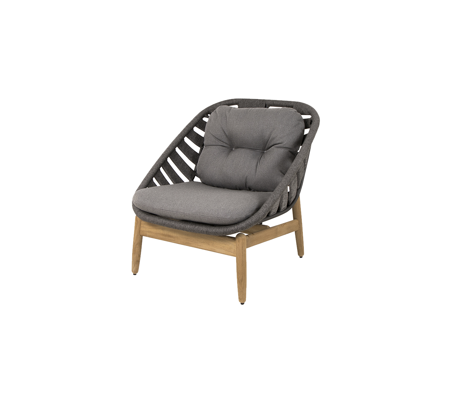 Stylish chair with a cushioned seat in gray and a wooden frame, featuring a unique woven design for modern decor.