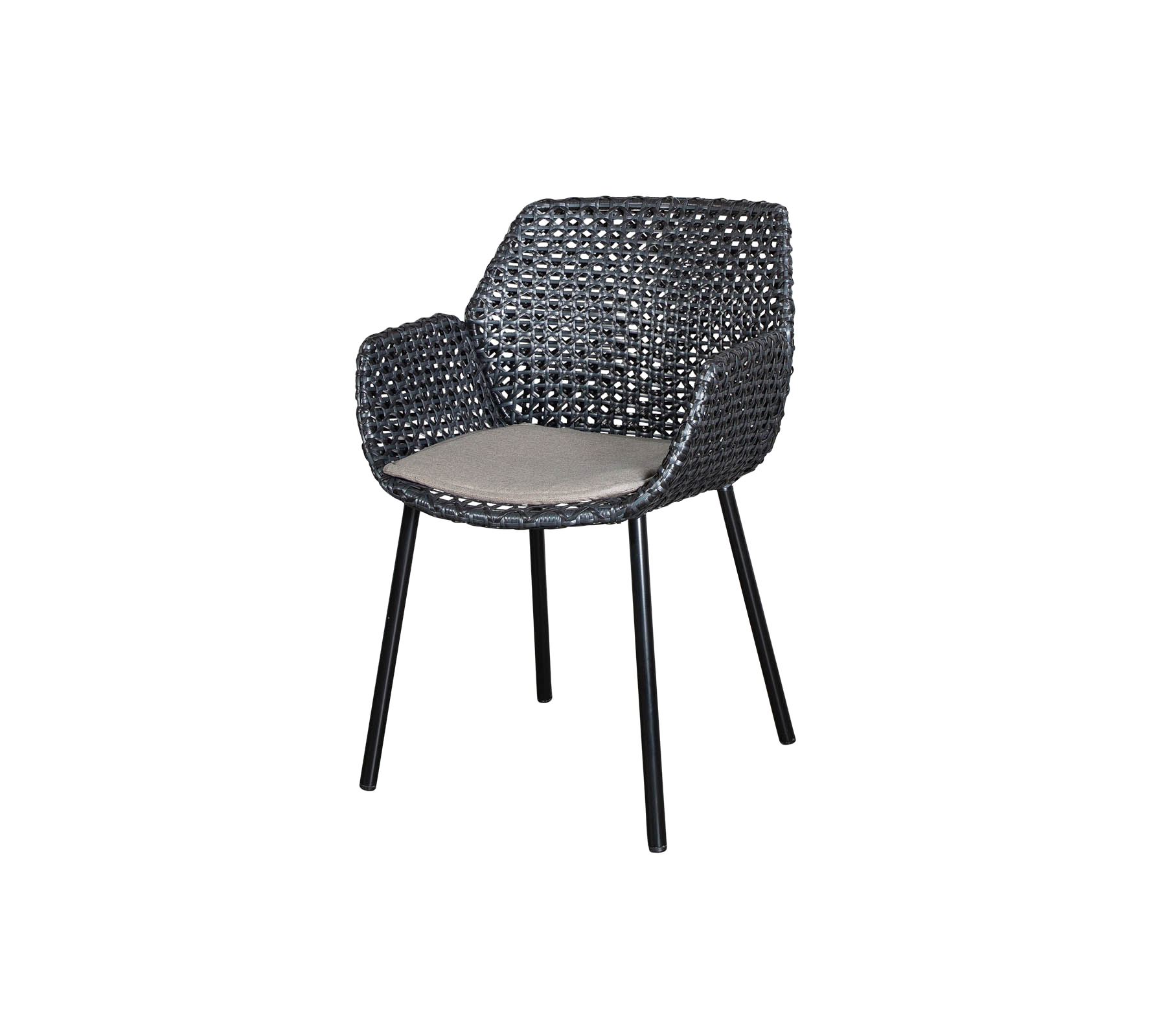 Stylish woven chair with armrests and a cushioned seat, designed for comfort and modern aesthetics.