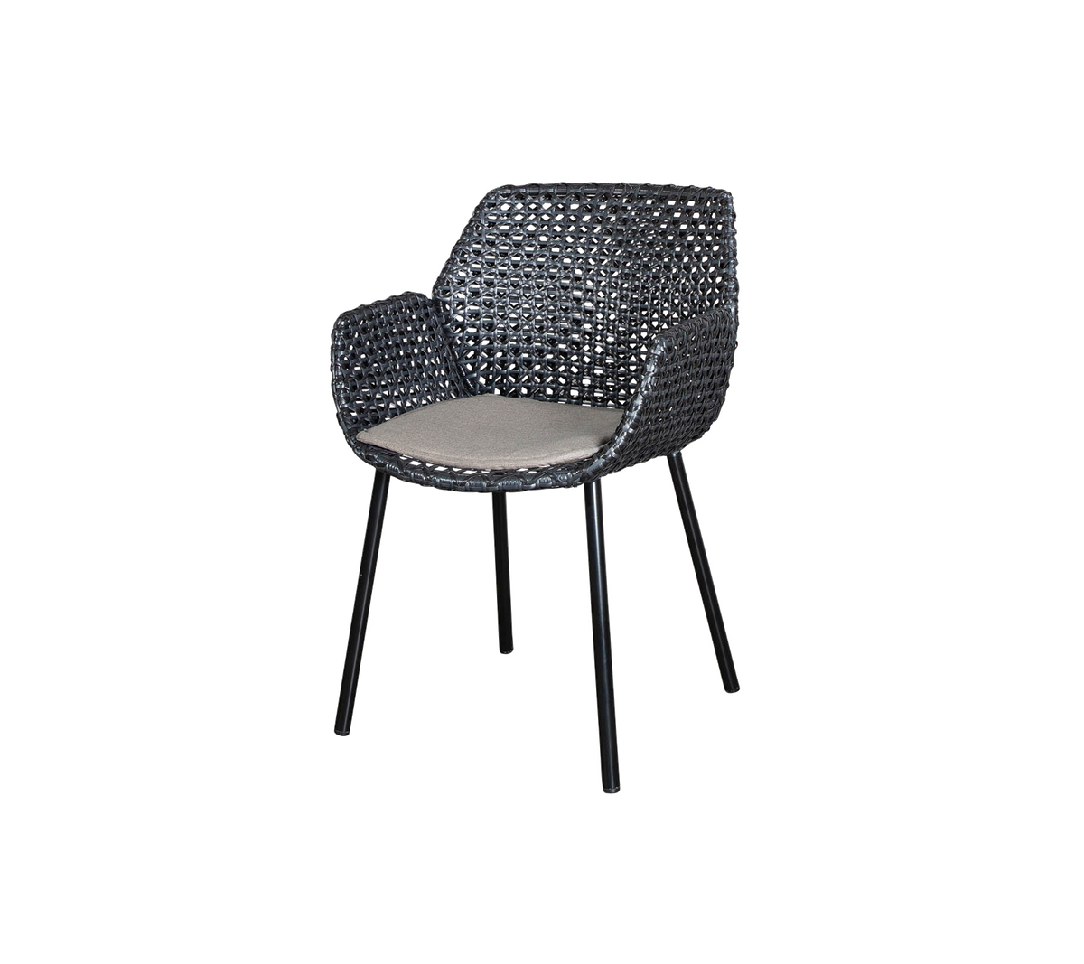 Stylish woven chair with armrests and a cushioned seat, designed for comfort and modern aesthetics.