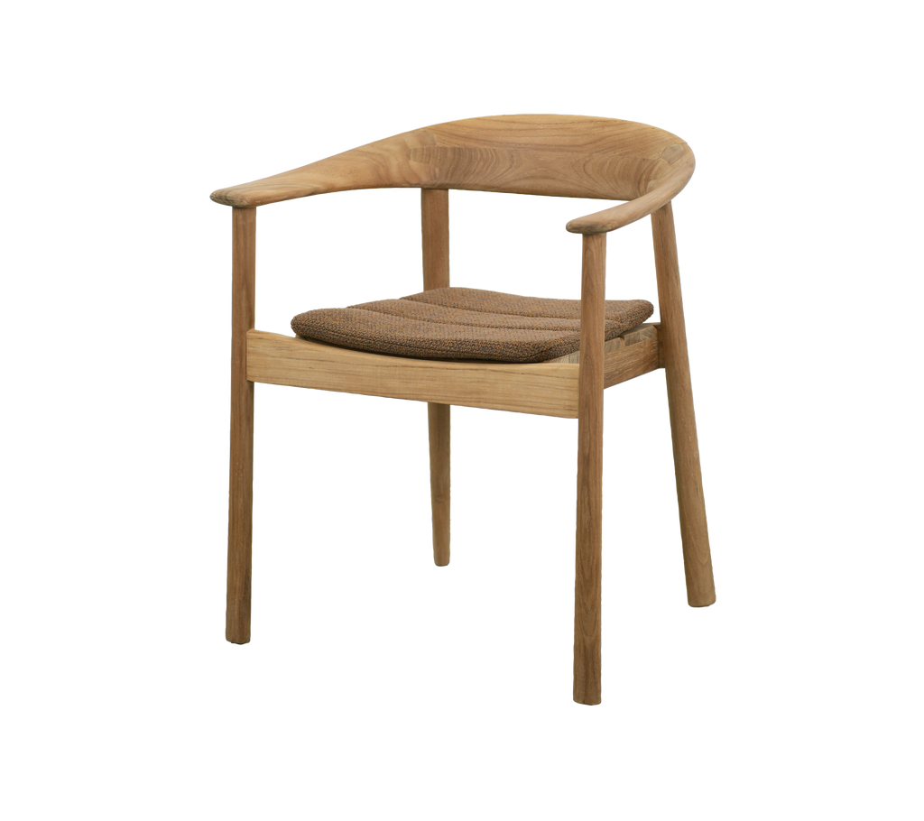 Teak chair with umber brown cushion in a modern dining setting.