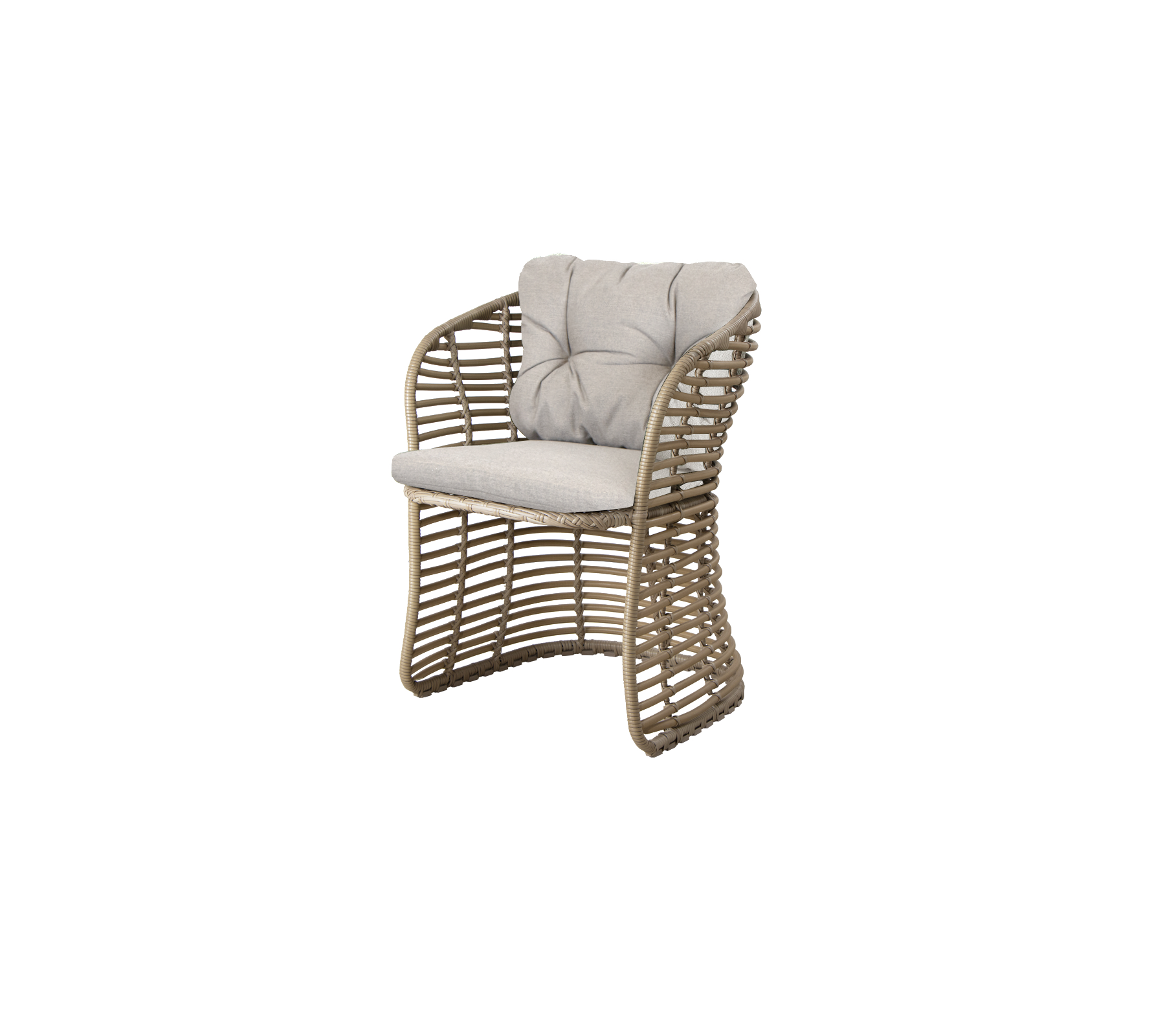 Stylish woven chair with a cushioned seat and backrest in a neutral color, perfect for modern seating arrangements.