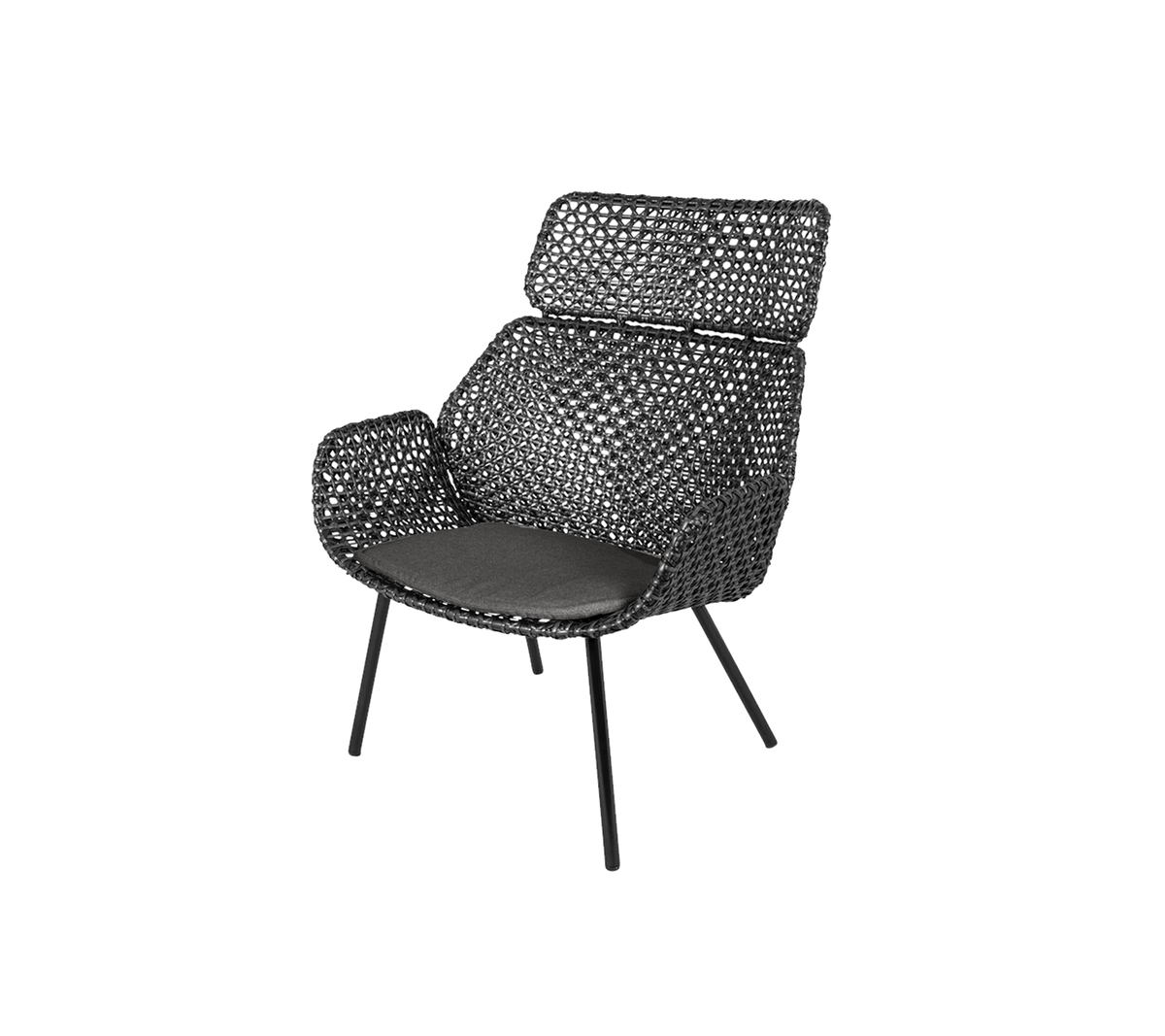 Stylish black chair with a woven design and cushioned seat, featuring a curved backrest and slender legs for modern seating.