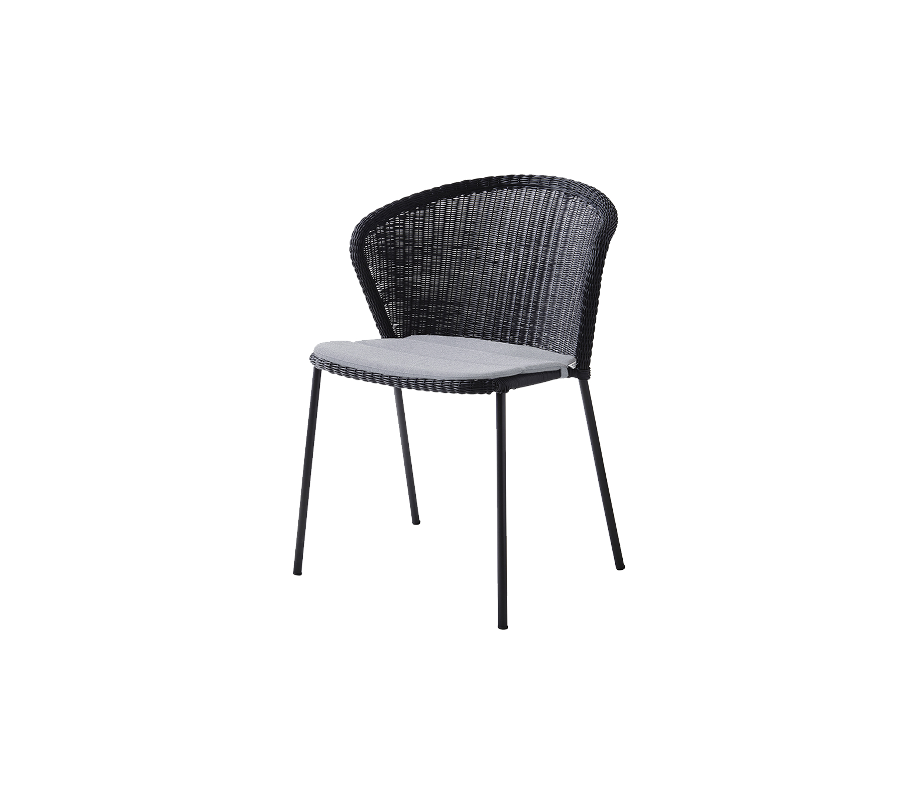 Stylish black chair with a woven design and a comfortable light-colored seat. Ideal for modern decor and casual seating.