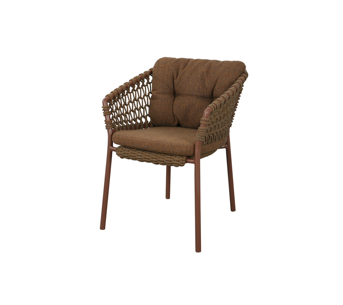 Comfortable chair with a woven design, featuring padded cushions in a warm brown color supported by sturdy legs. Ideal for relaxation.