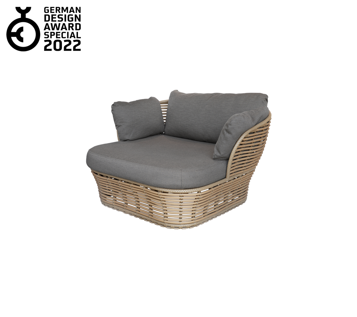 Stylish lounge chair with a woven rattan frame, featuring plush gray cushions for comfort and relaxation.