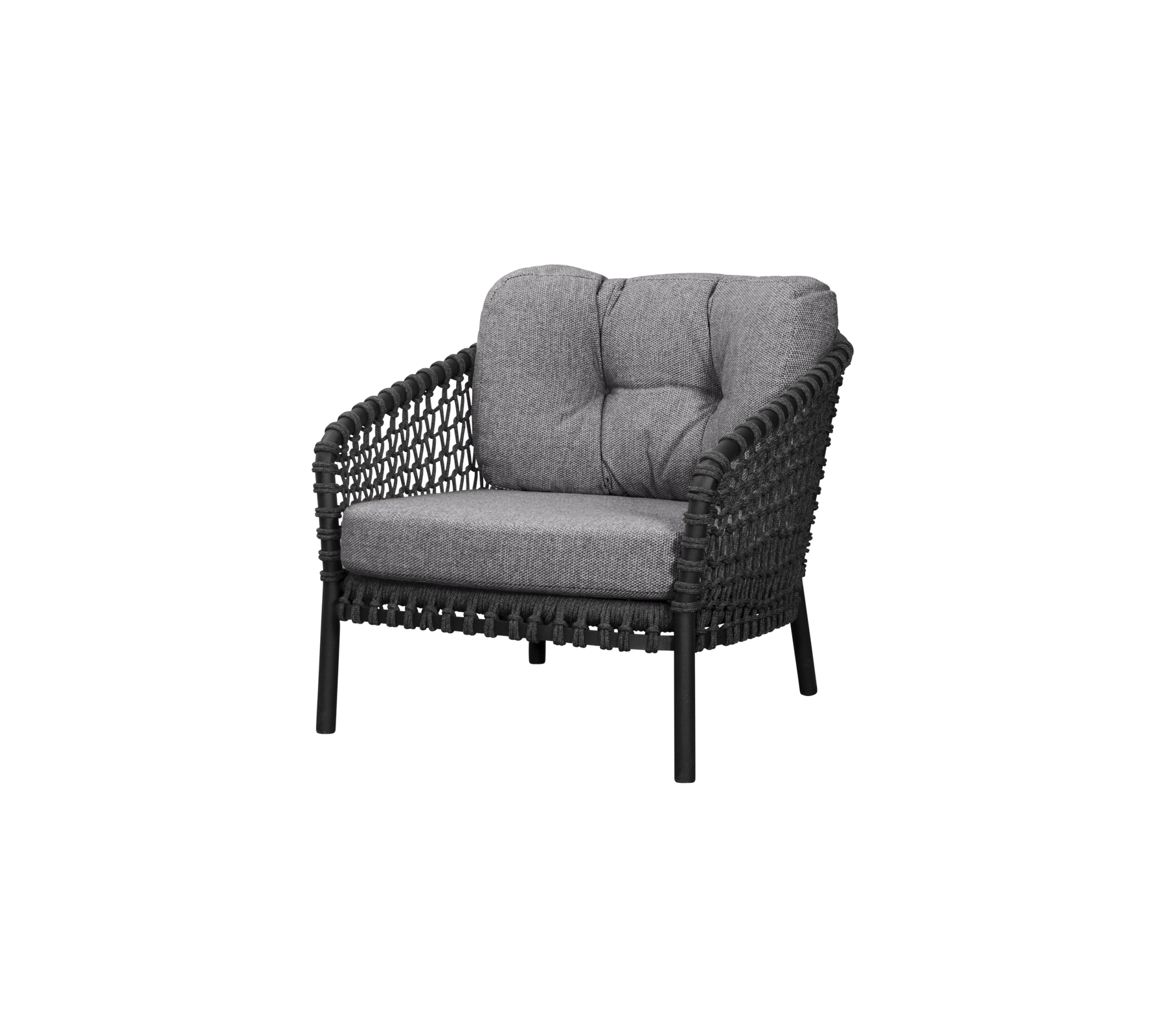 A stylish, black woven chair with comfortable gray fabric cushions, designed for relaxation and modern aesthetics.