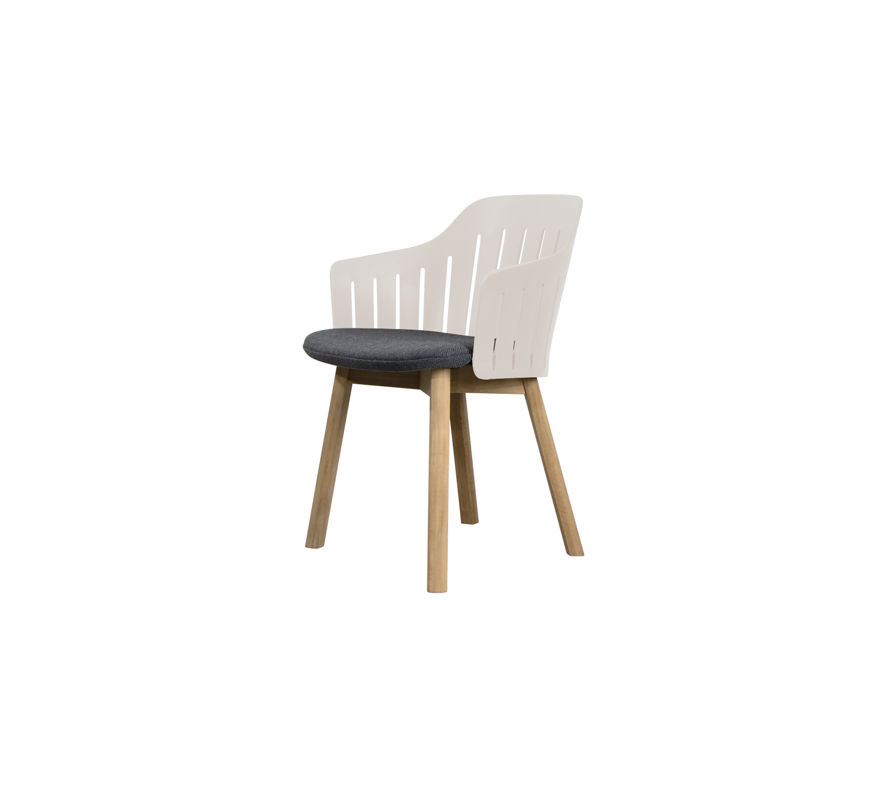 Modern white chair with grey cushion.