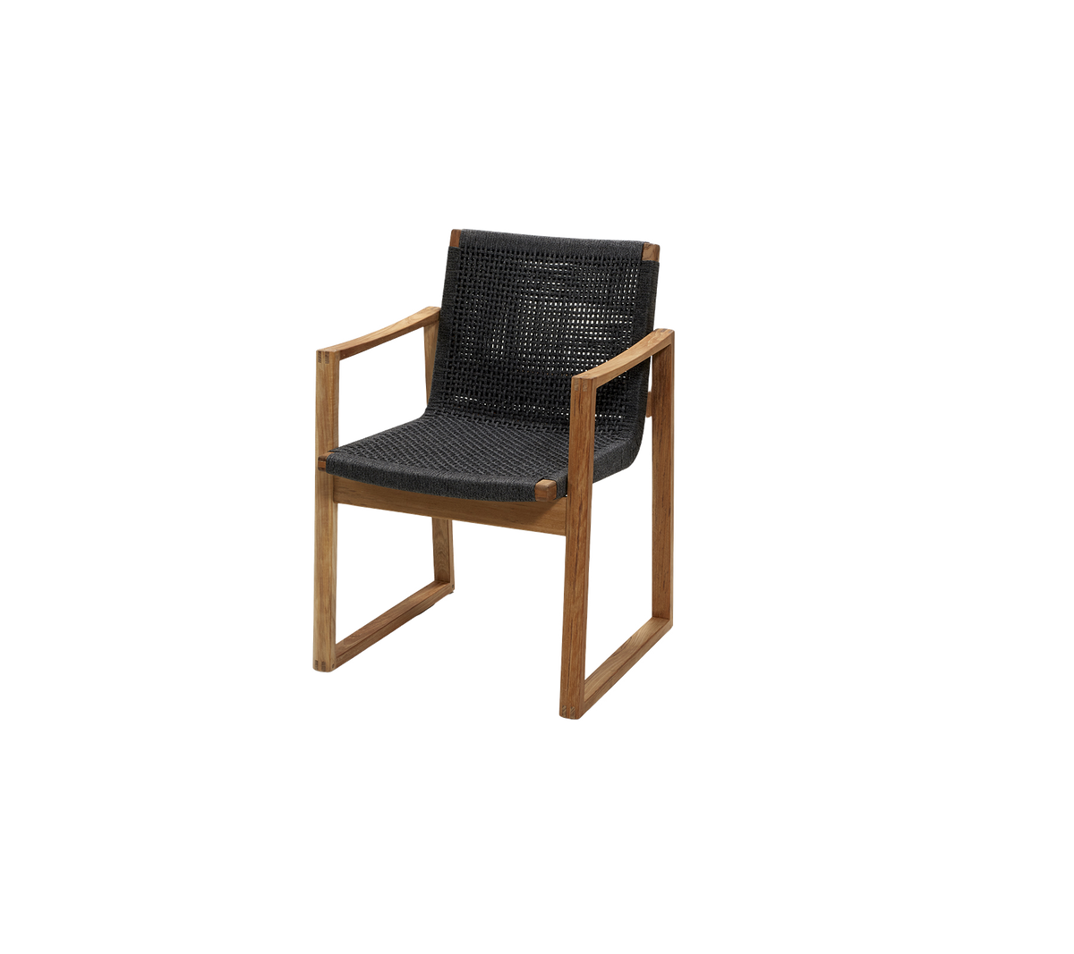 Stylish chair featuring a sleek wooden frame and a comfortable black woven seat and backrest. Ideal for modern decor.