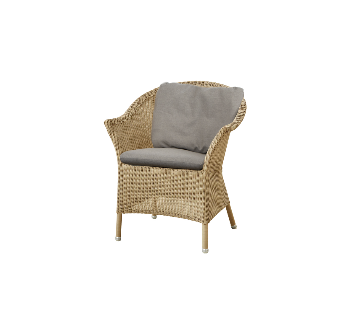 A comfortable woven chair featuring a soft gray cushion, ideal for relaxation and casual seating.