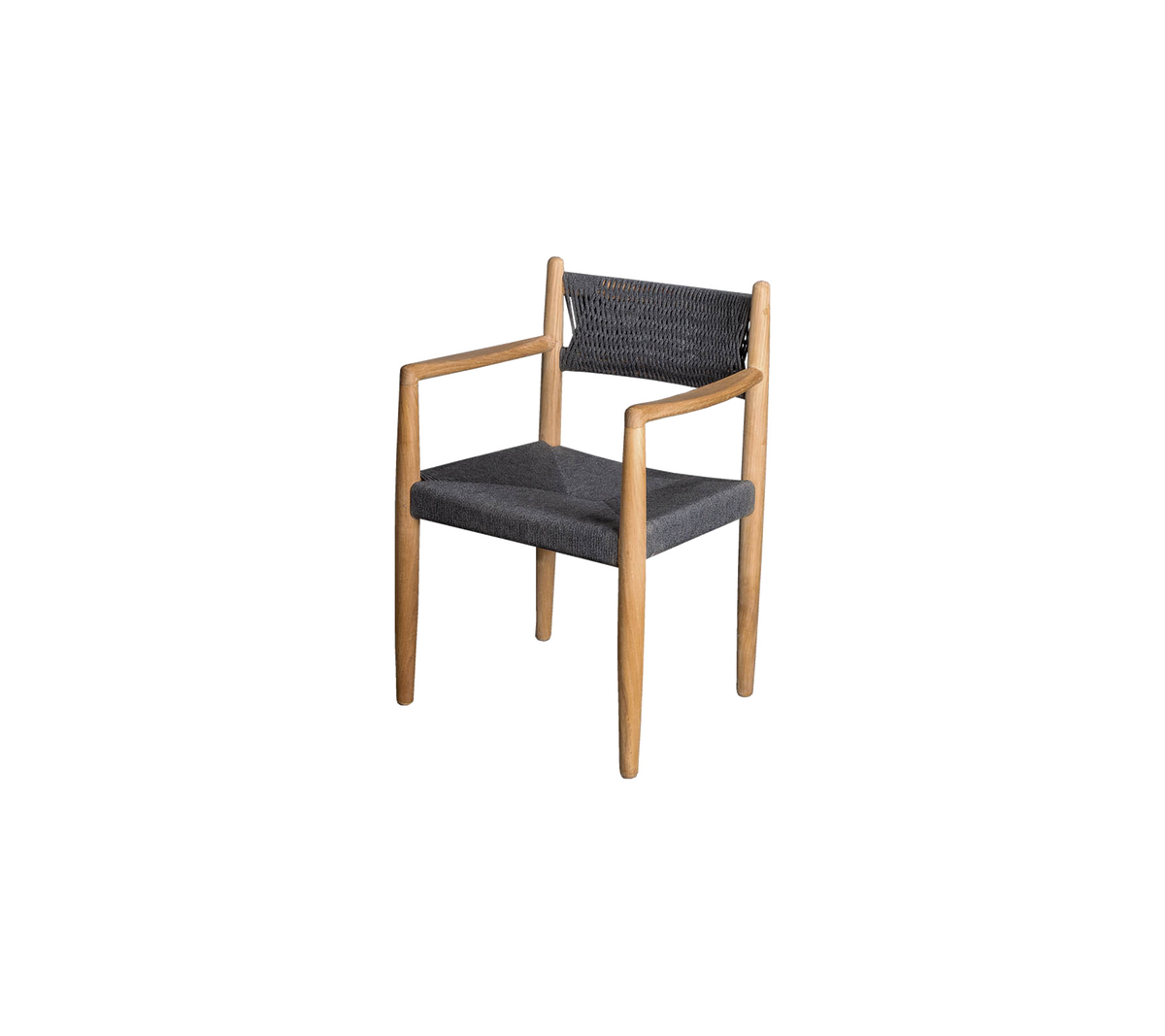 Stylish chair with a wooden frame and dark fabric upholstery, featuring armrests and a contemporary design.