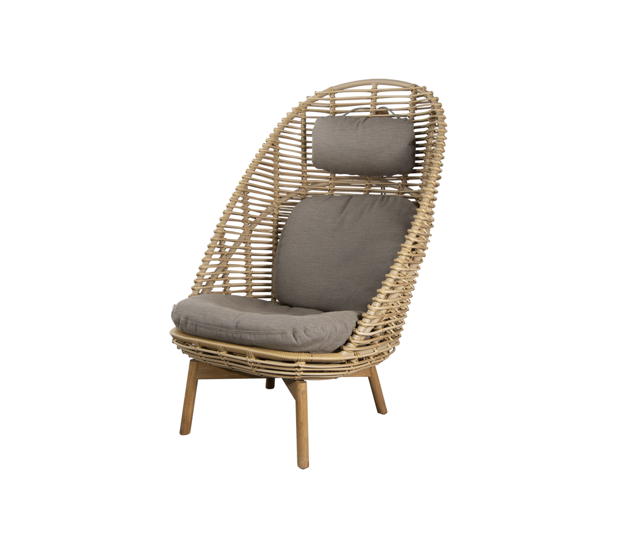 Stylish wicker chair with a high backrest and soft gray cushions, perfect for relaxation and contemporary decor.