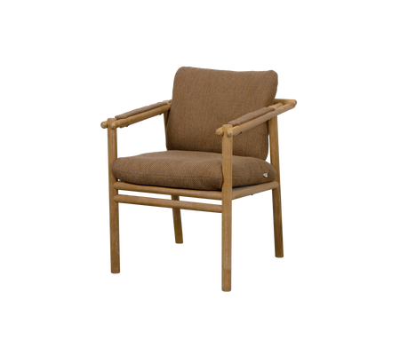 Brown upholstered chair with wooden armrests and a minimalist design, suitable for various settings.