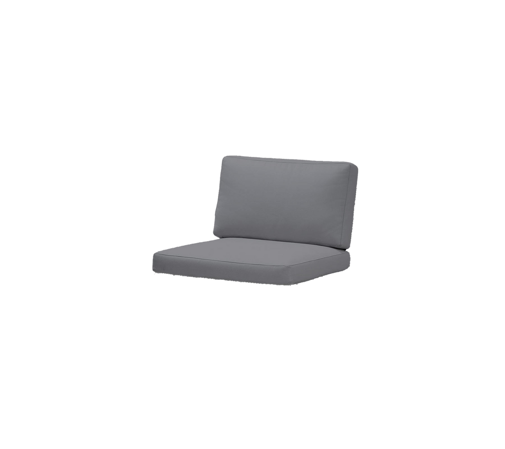 Grey outdoor cushion with a backrest, designed for comfort and style. Suitable for various seating arrangements.