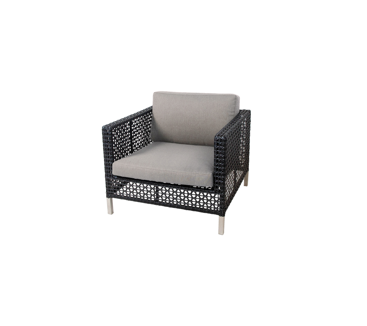 Stylish armchair featuring a woven structure and a comfortable light gray cushion, perfect for modern seating arrangements.