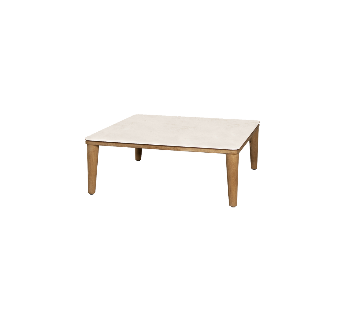 Square table with a light-colored top and wooden legs, offering a minimalist design suitable for various settings.