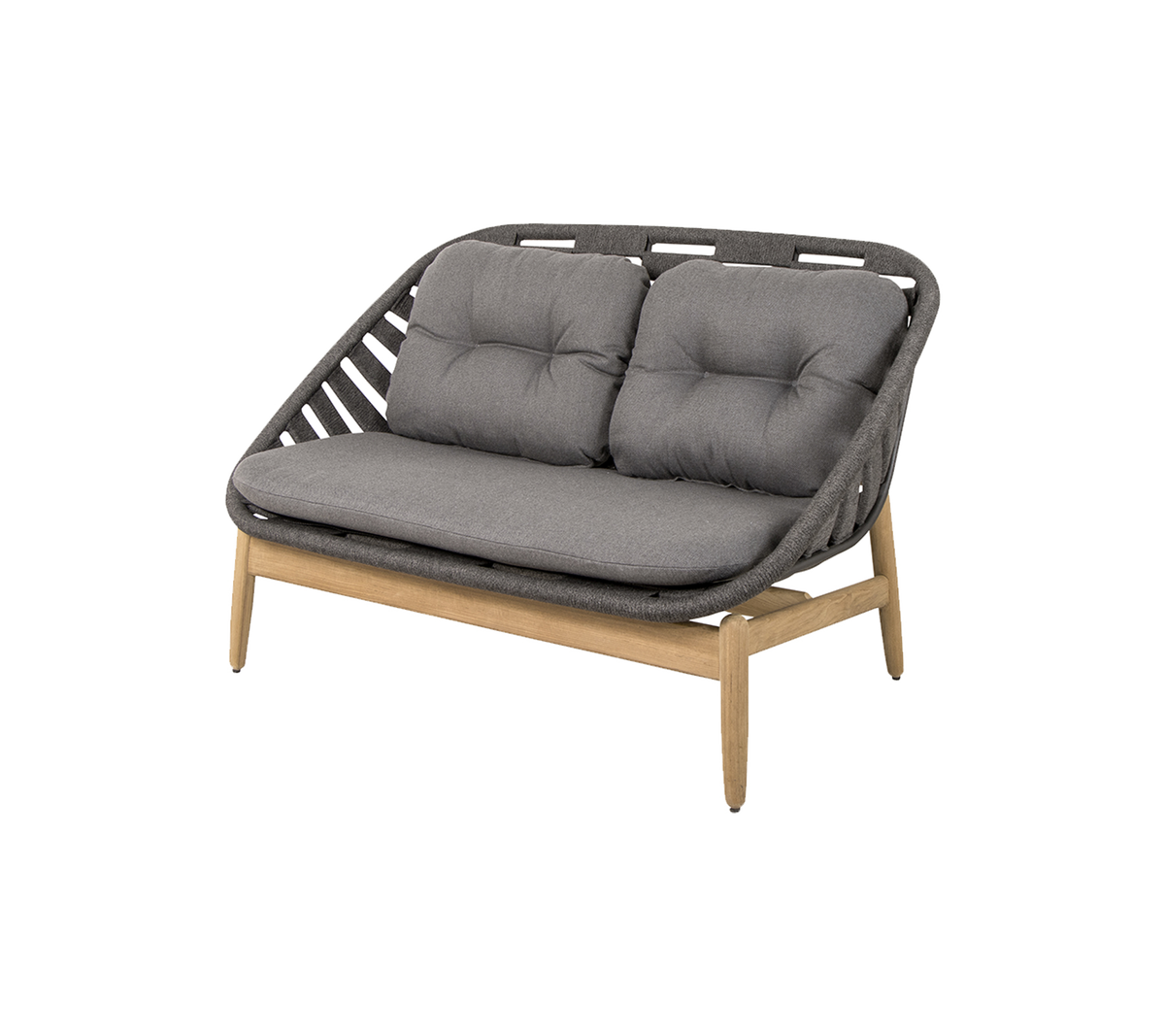 Two-seater sofa with a gray cushioned seat and a stylish woven backrest, supported by wooden legs. Ideal for modern decor.
