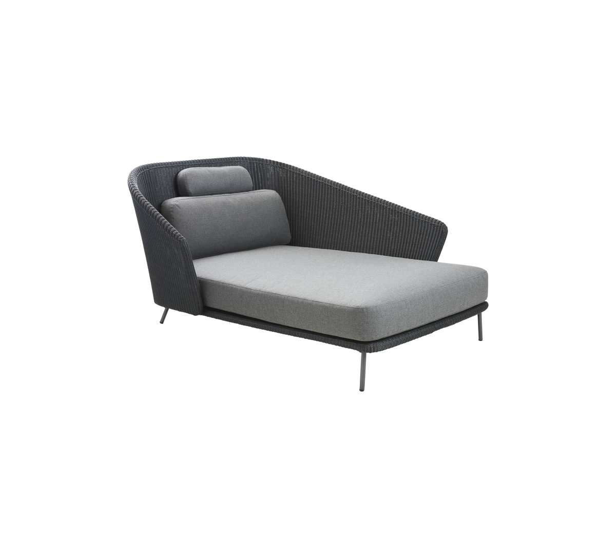 Modern lounge chair with a sleek design, featuring a gray fabric seat and backrest, complemented by a unique armrest shape.
