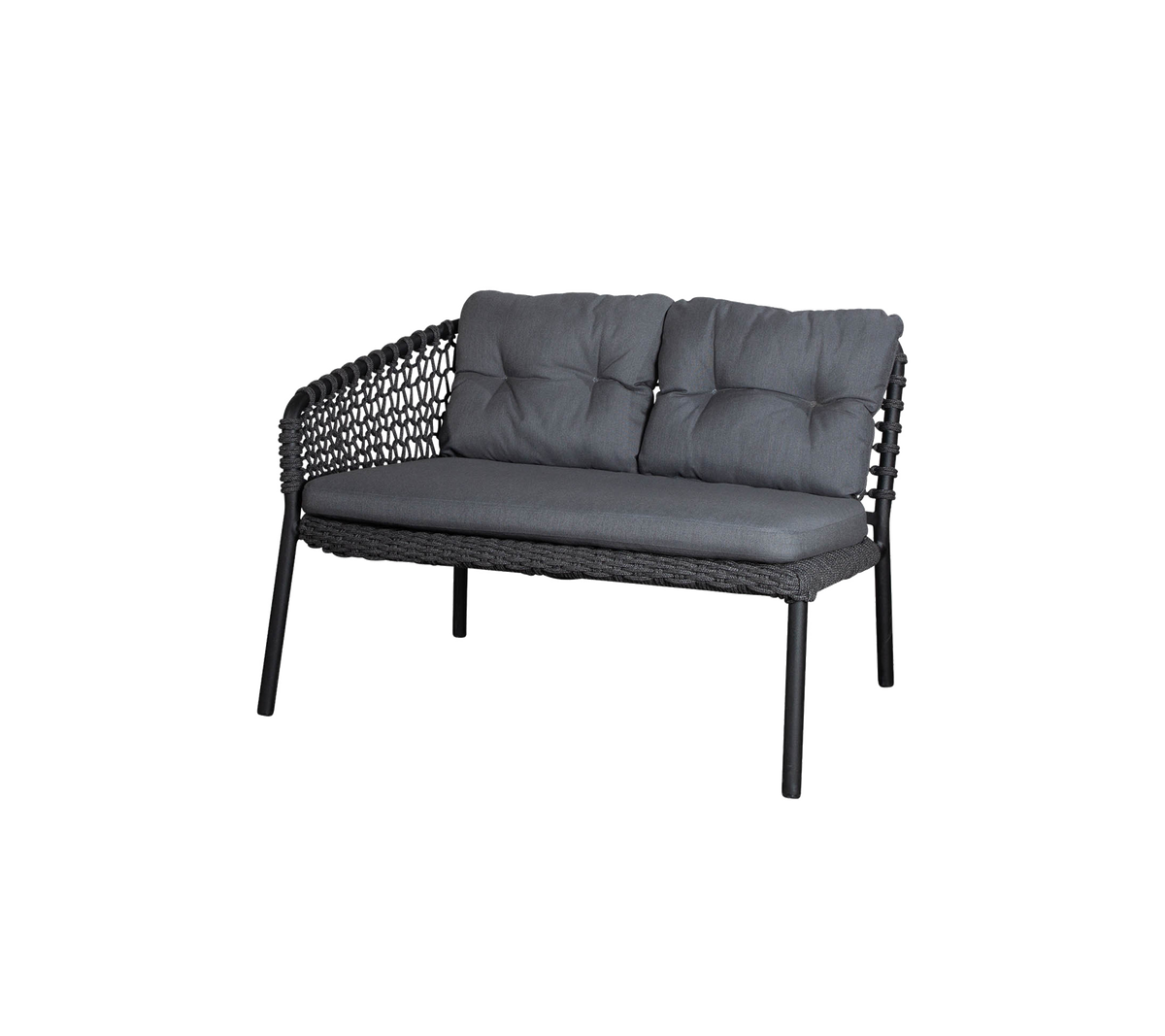 Stylish two-seater sofa with a woven frame and plush cushioned seating in a sleek gray color. Perfect for modern decor.
