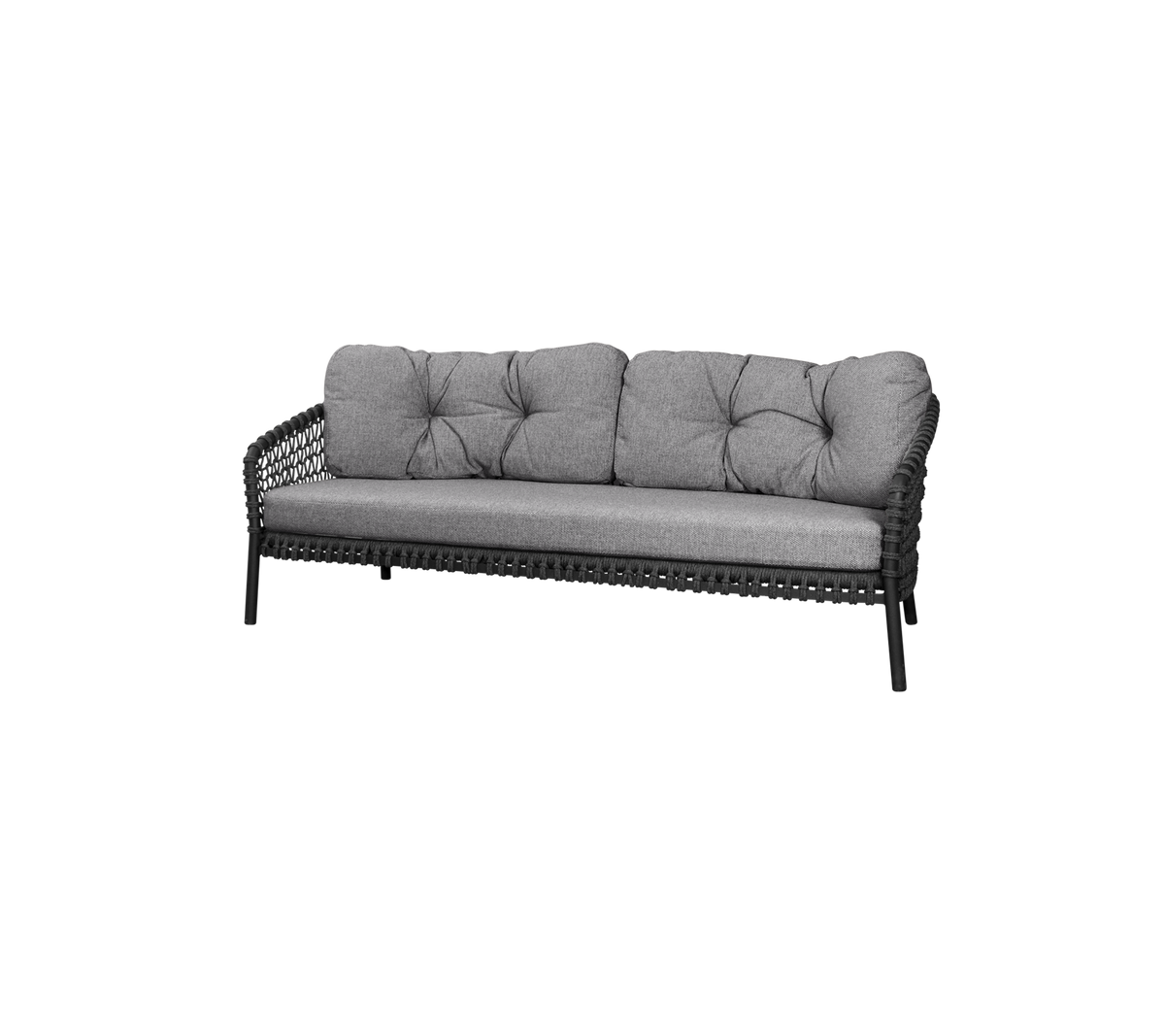 Stylish three-seater sofa with plush gray cushions and a sleek woven frame, perfect for comfortable lounging.