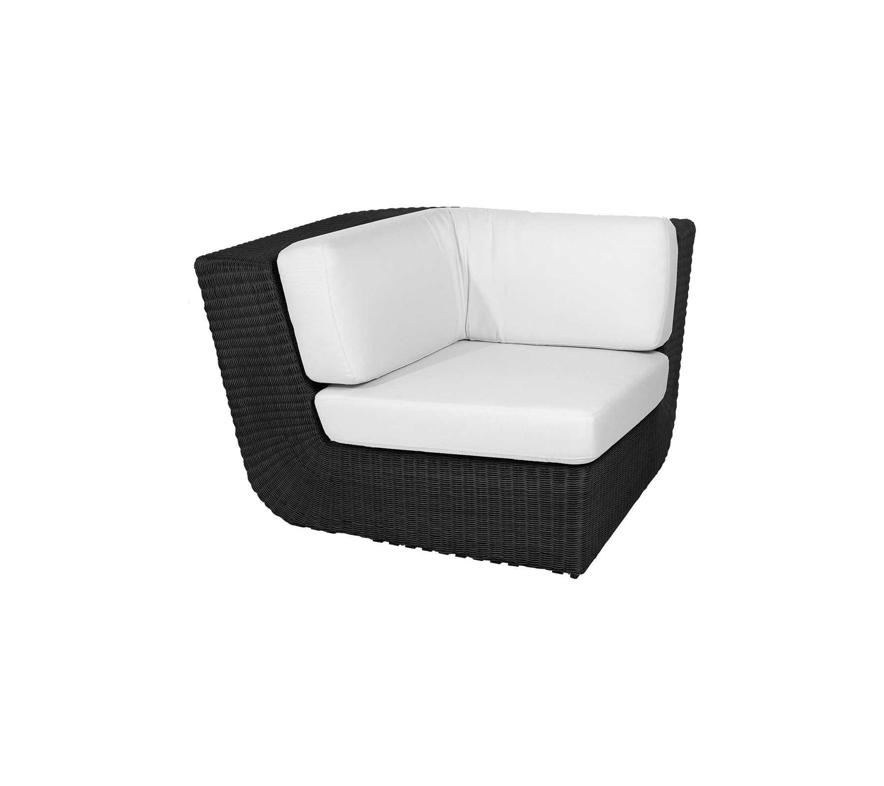 Stylish corner chair with a sleek black woven design and comfortable white cushions, perfect for modern seating arrangements.