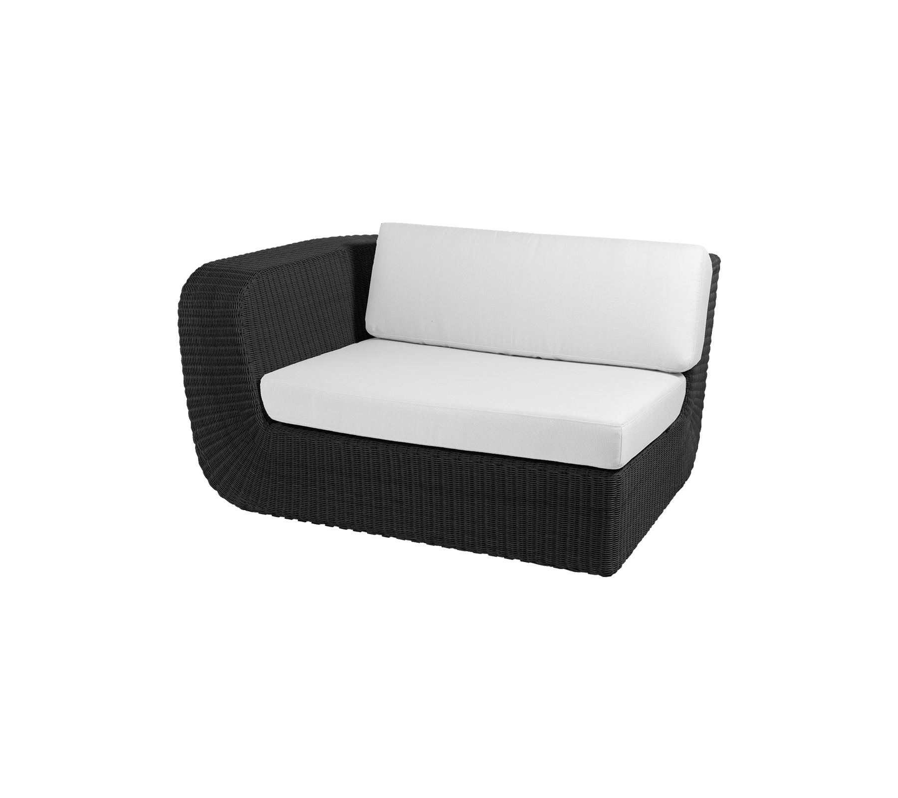 Modern black wicker loveseat with white cushions, perfect for cozy seating and stylish outdoor or indoor decor.
