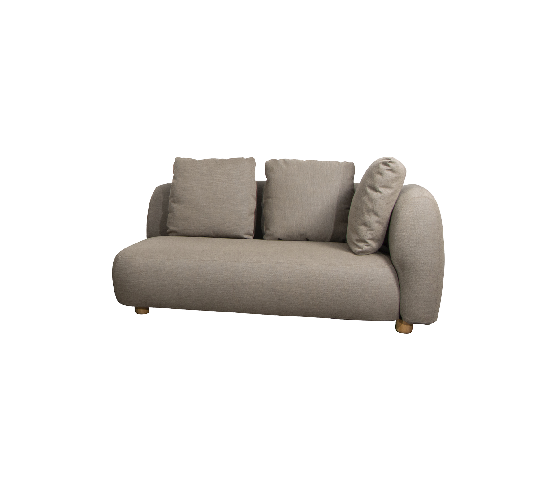 Stylish sofa with a rounded design and three plush cushions, upholstered in a soft, neutral fabric with wooden legs.