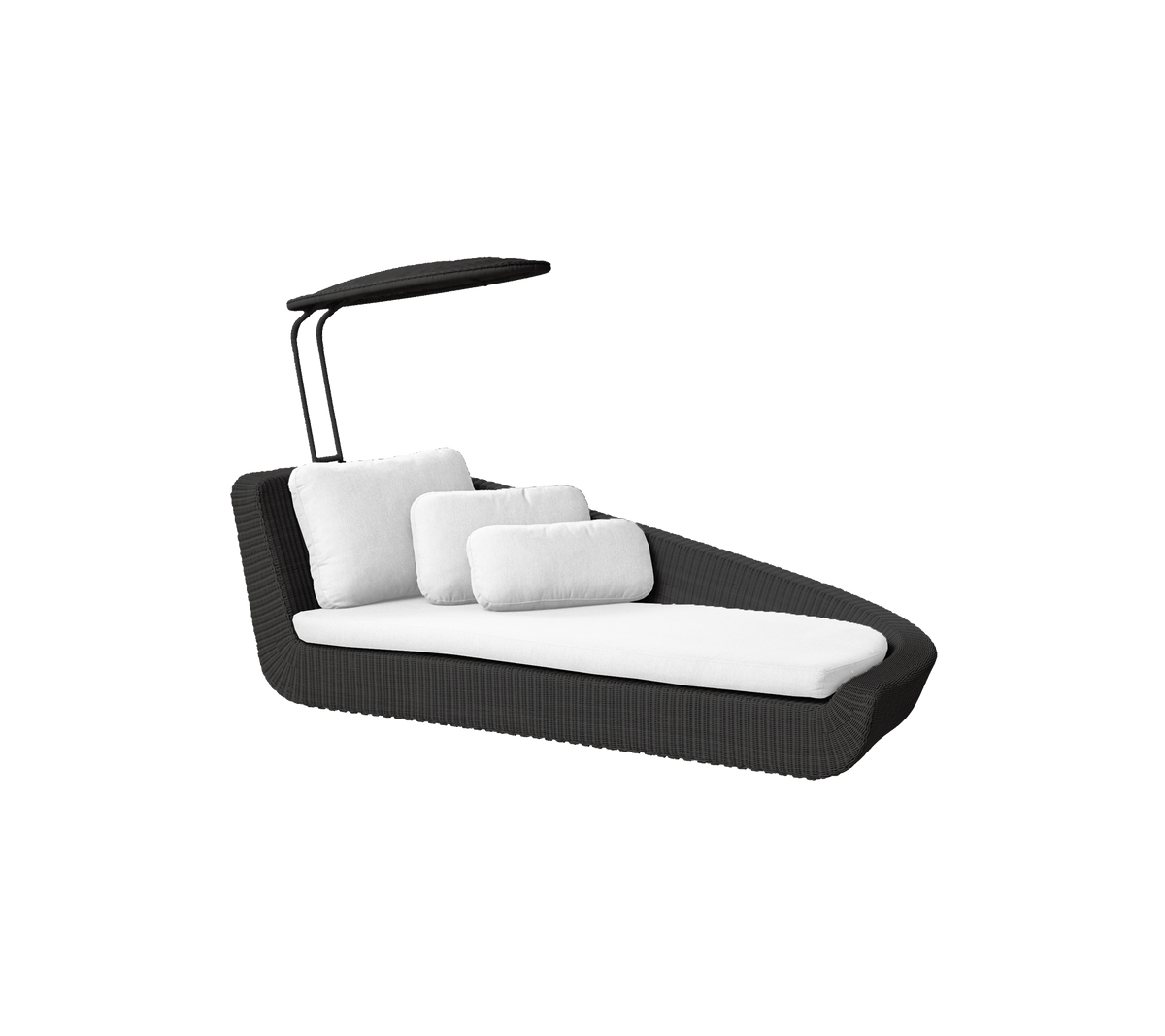 Stylish black lounge chair with white cushions and an adjustable canopy for shade and comfort. Perfect for relaxation.