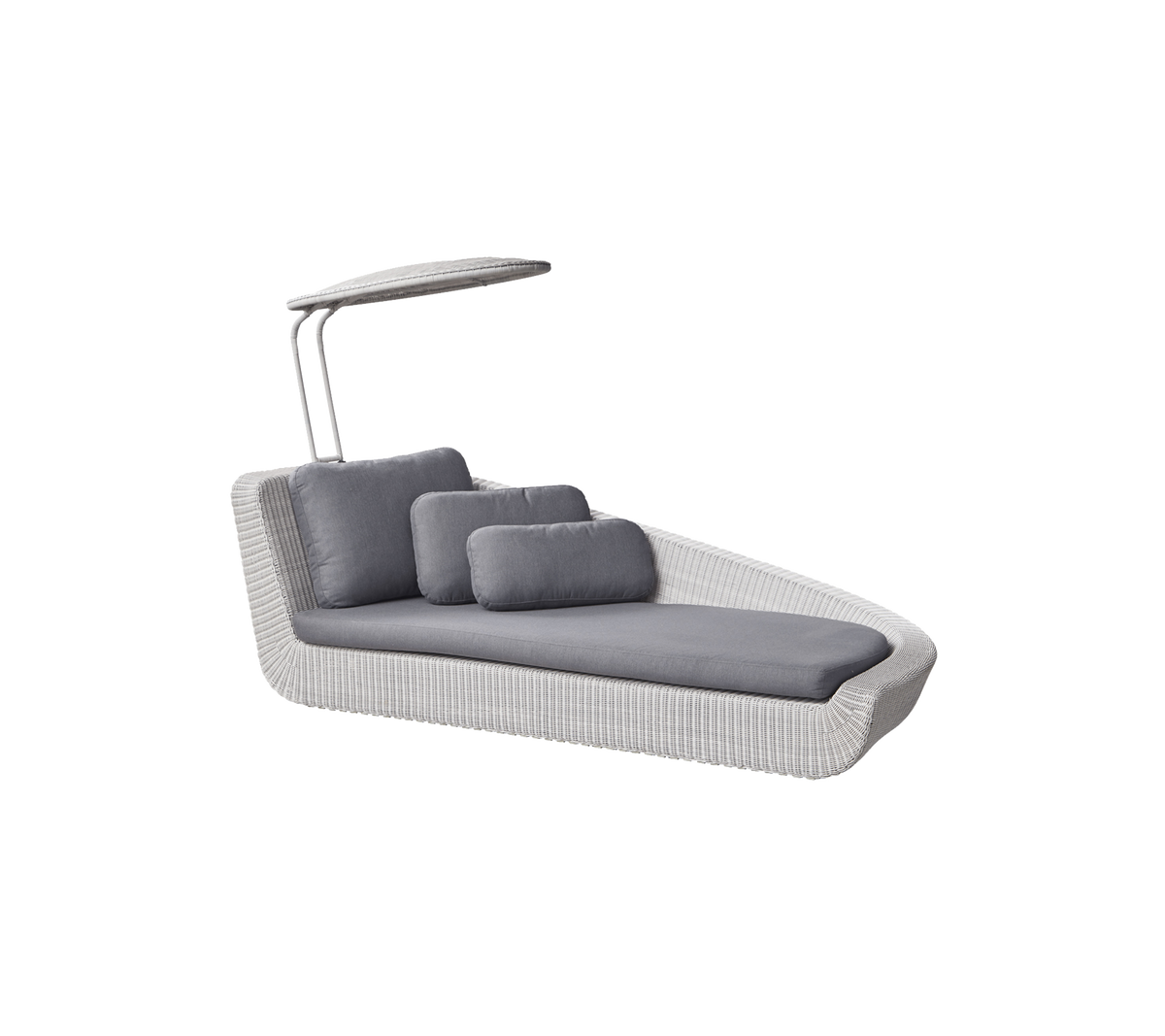 Stylish lounge chair with a sleek design, featuring gray cushions and a protective canopy for added comfort. Perfect for relaxation.