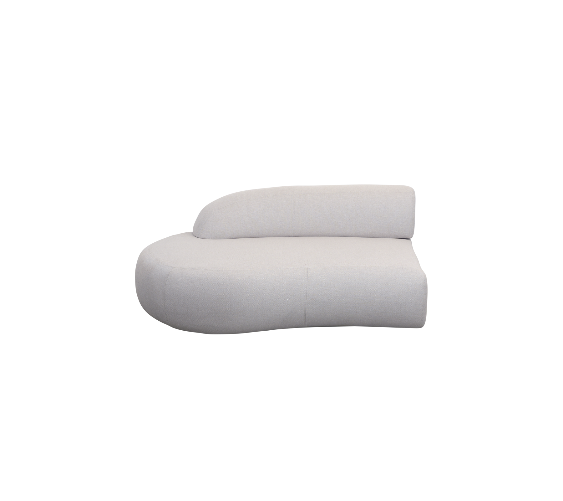 Curved, modern sofa in a soft white upholstery, featuring a unique asymmetrical design for stylish seating.