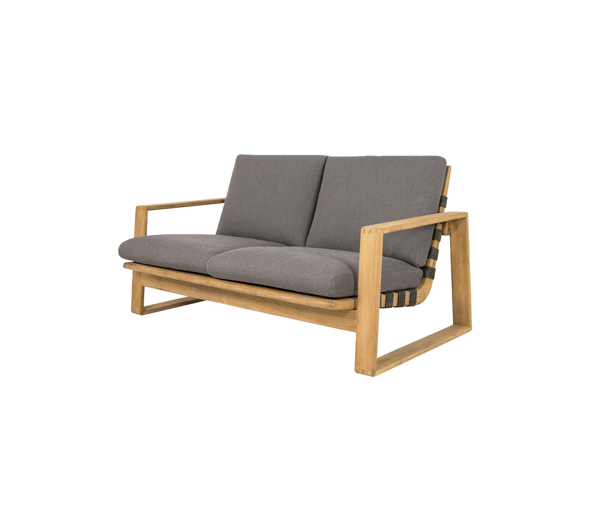 Two-seater sofa with a light wooden frame and gray cushions, featuring a modern design and comfortable seating.