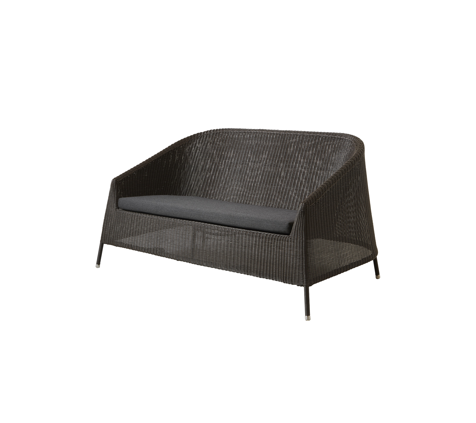Stylish two-seater sofa with a woven exterior and a comfortable gray cushion, perfect for relaxation and outdoor gatherings.