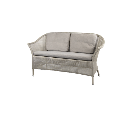 A stylish two-seater sofa with a woven frame and soft gray cushions, perfect for cozy seating options.