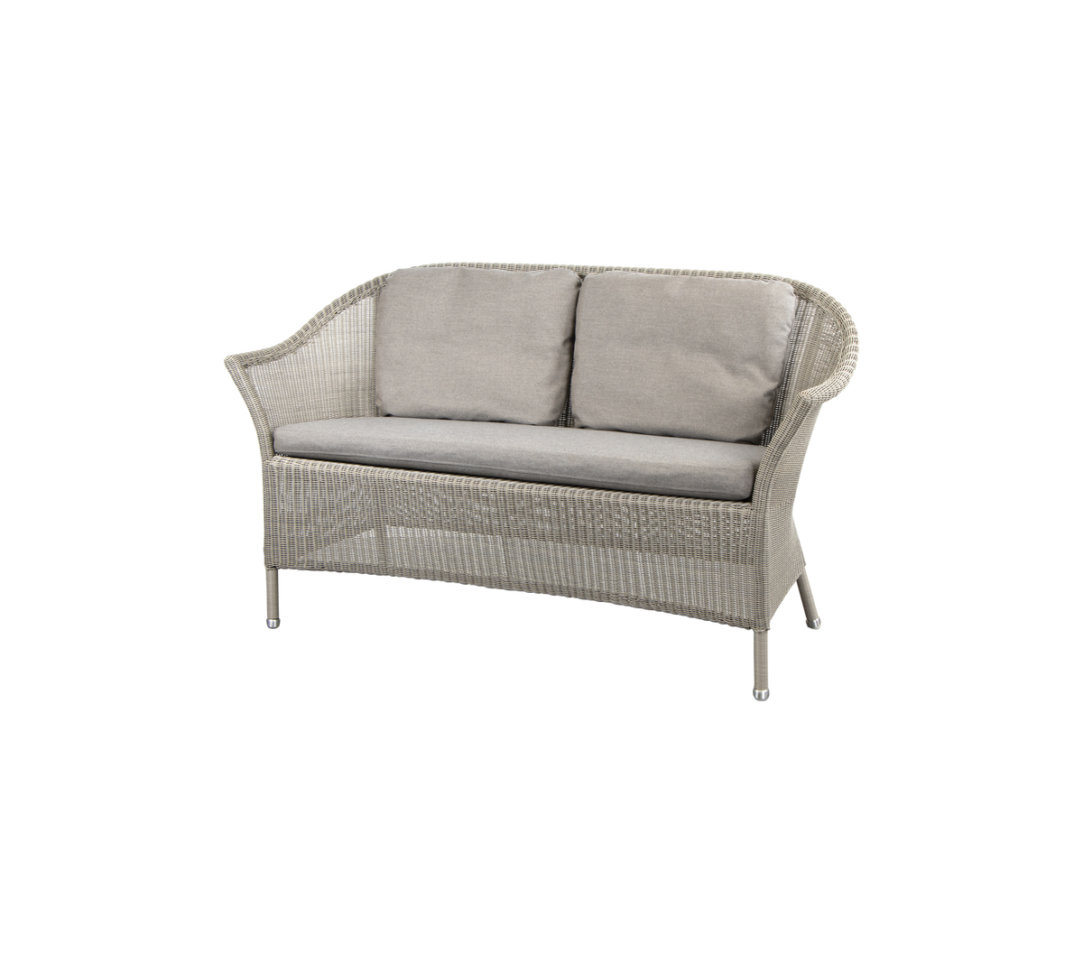 A stylish two-seater sofa with a woven frame and soft gray cushions, perfect for cozy seating options.