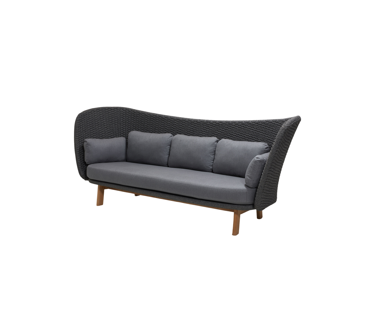 Stylish three-seat sofa with a woven design and plush gray cushions, supported by wooden legs for an inviting look.