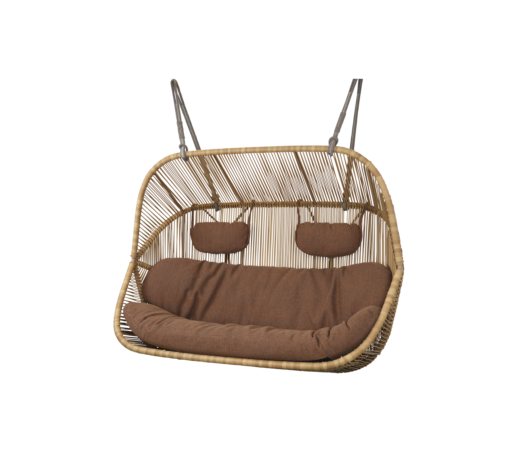 Hanging seat with a comfortable brown cushion, featuring a woven design and two padded headrests for added support. Ideal for relaxation.