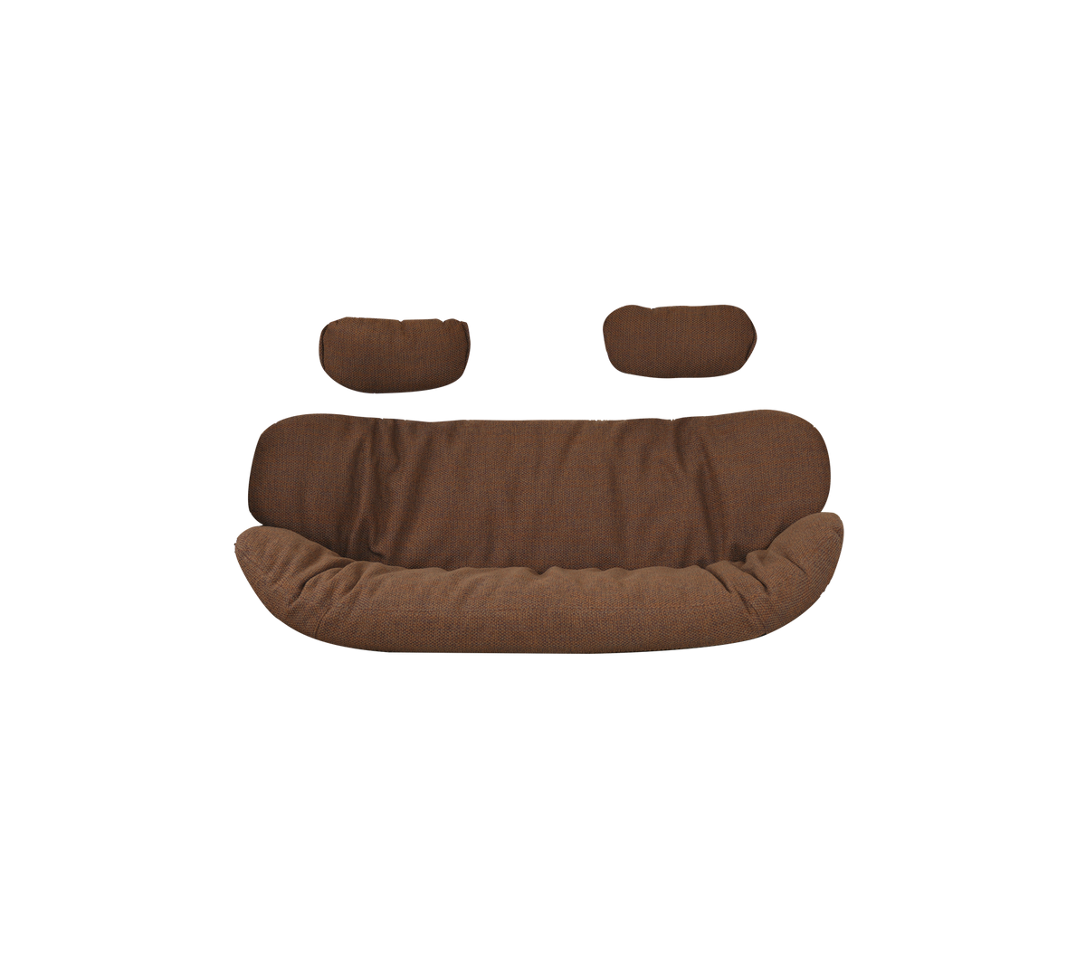 Brown upholstered sofa with two matching cushions, featuring a curved, inviting design. Ideal for cozy seating.