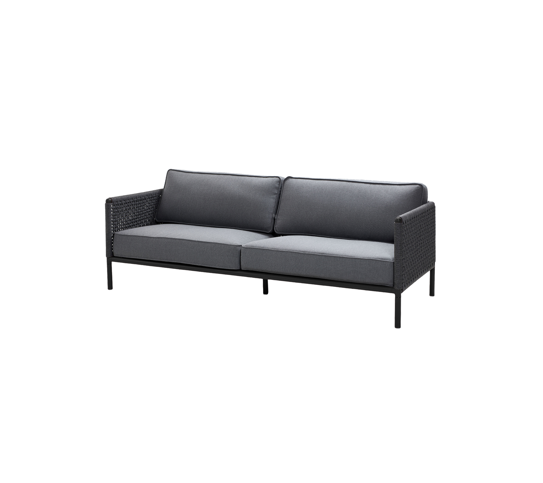 Stylish two-seater sofa with a black frame and gray cushions, featuring a woven design for added texture and comfort.