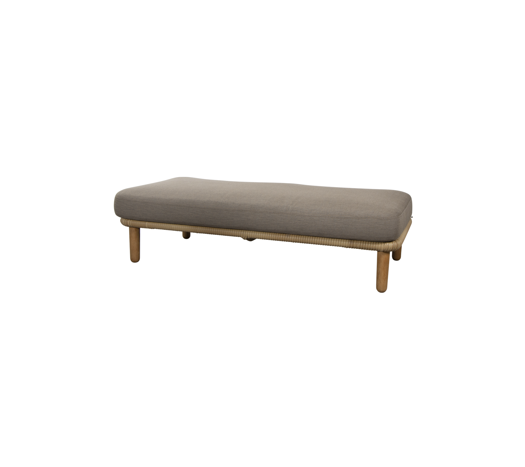 Minimalist bench with a sleek gray cushion and natural wood legs, ideal for versatile seating in various spaces.