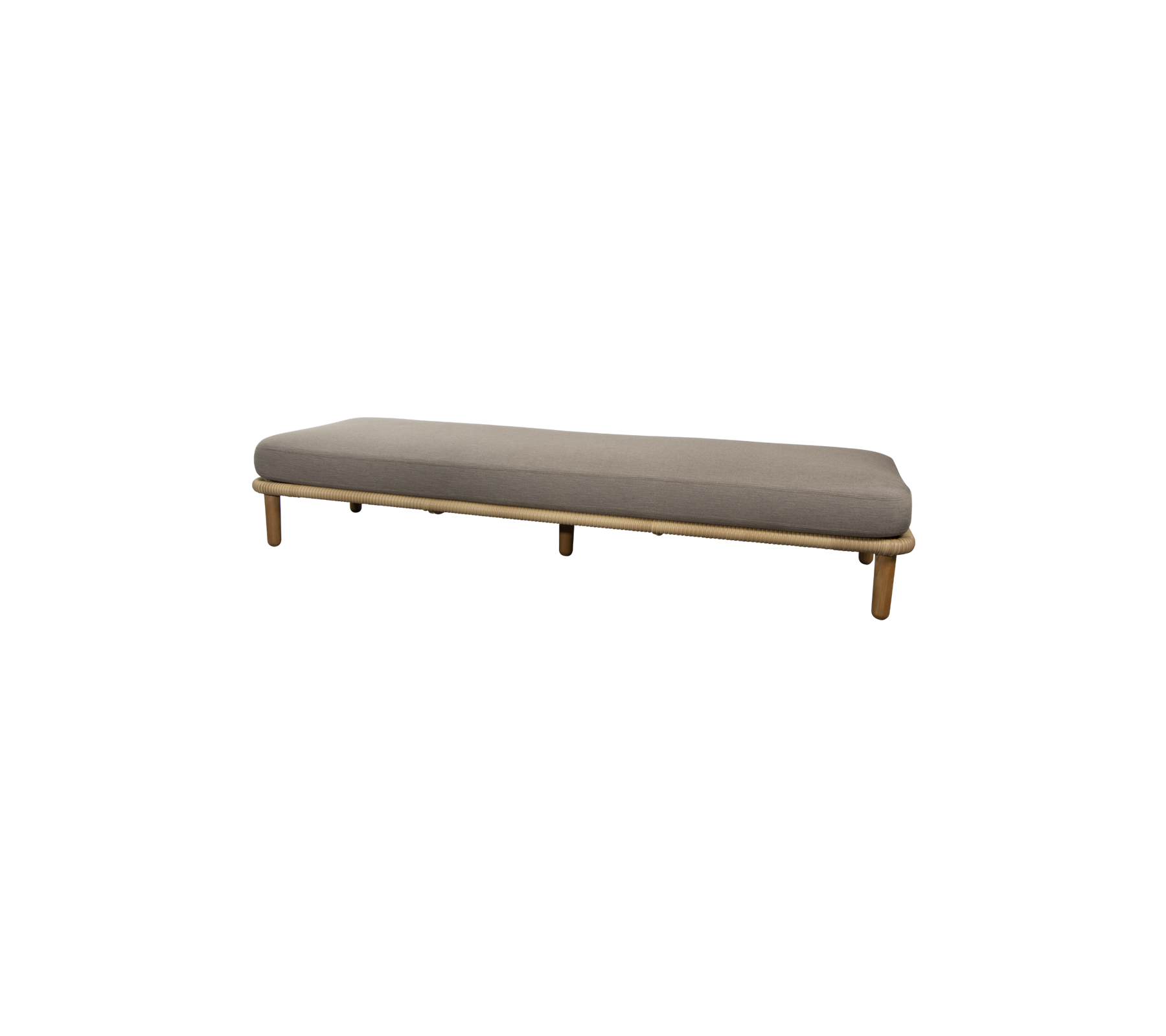 A sleek, minimalist bench with a smooth gray cushion and wooden legs, designed for versatile seating in various spaces.