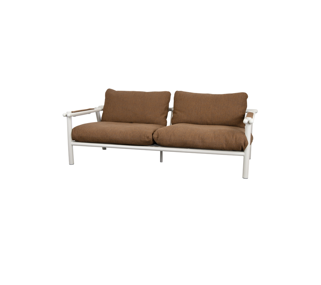 Modern lounge couch with umber brown cushions and light frame.