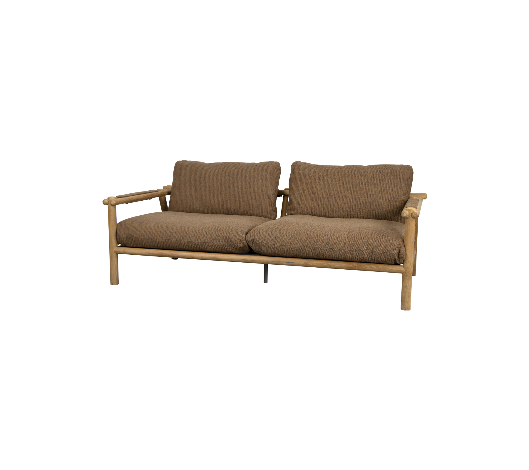 A comfortable two-seater sofa with a wooden frame and soft brown cushions, designed for relaxation and stylish seating.