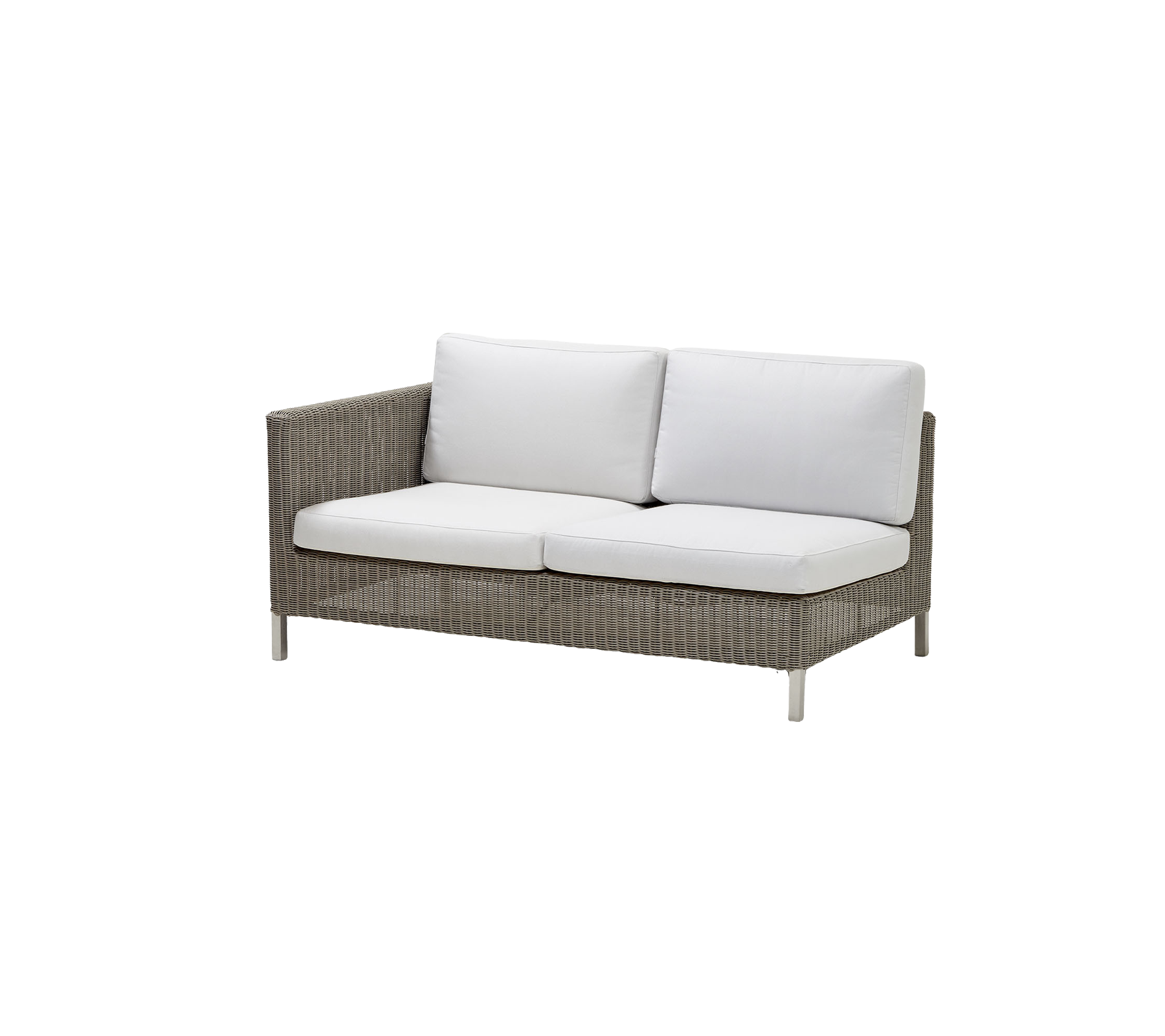 A stylish two-seater sofa featuring a woven design and plush white cushions, perfect for relaxation and comfort.