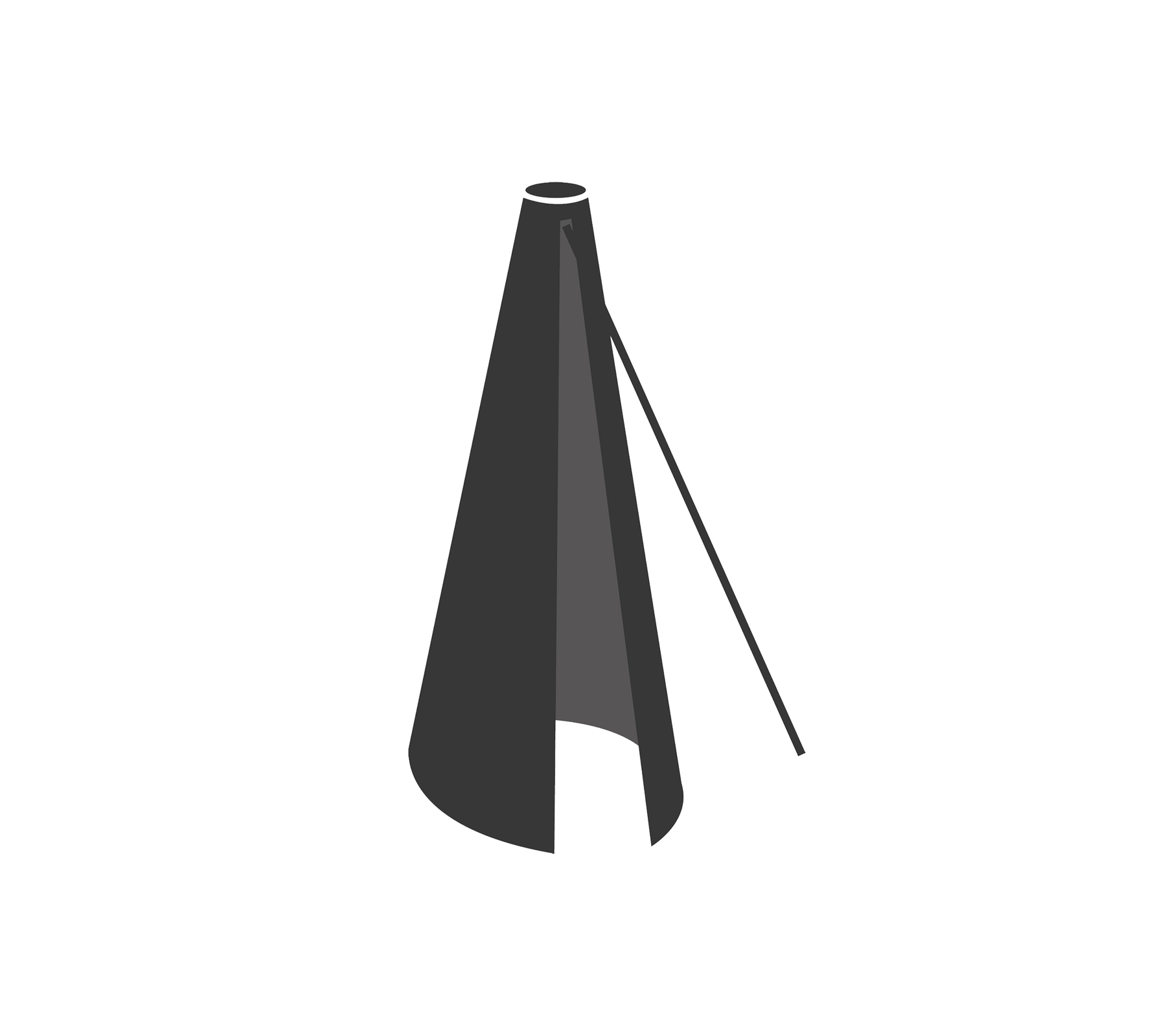 A sleek, dark-colored cone-shaped object with a side opening and a support pole, designed for various applications.