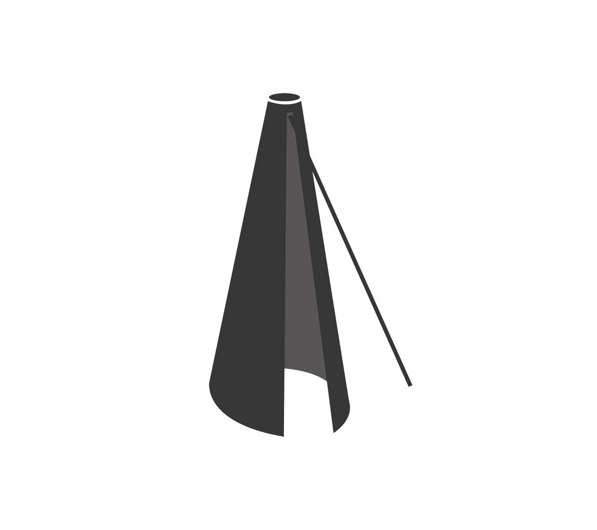 A sleek, dark-colored cone-shaped object with a side opening and a support pole, designed for various applications.