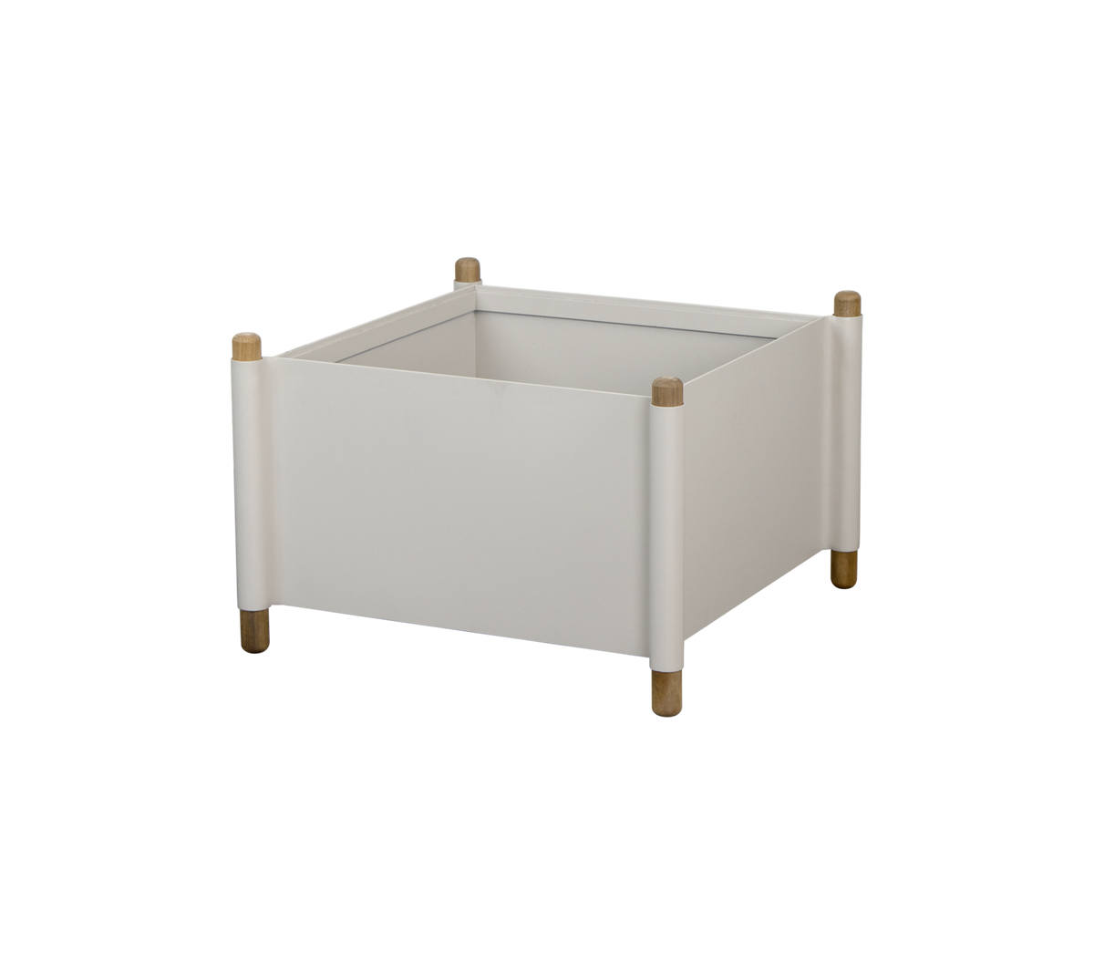 Square white storage box with wooden legs and rounded corners, suitable for organizing various items.