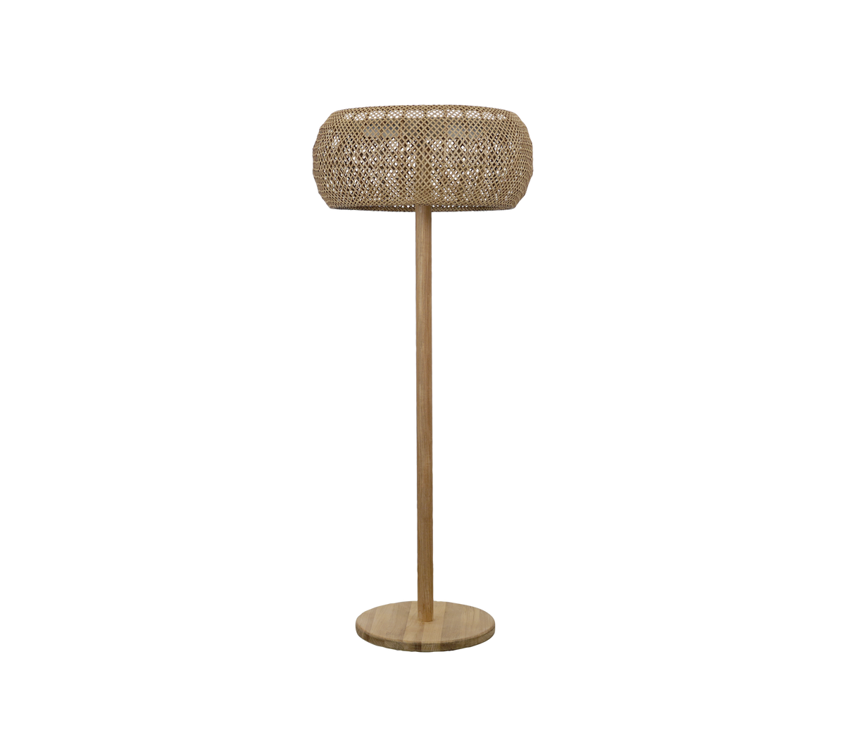 Natural lamp with a woven shade and a simple base.